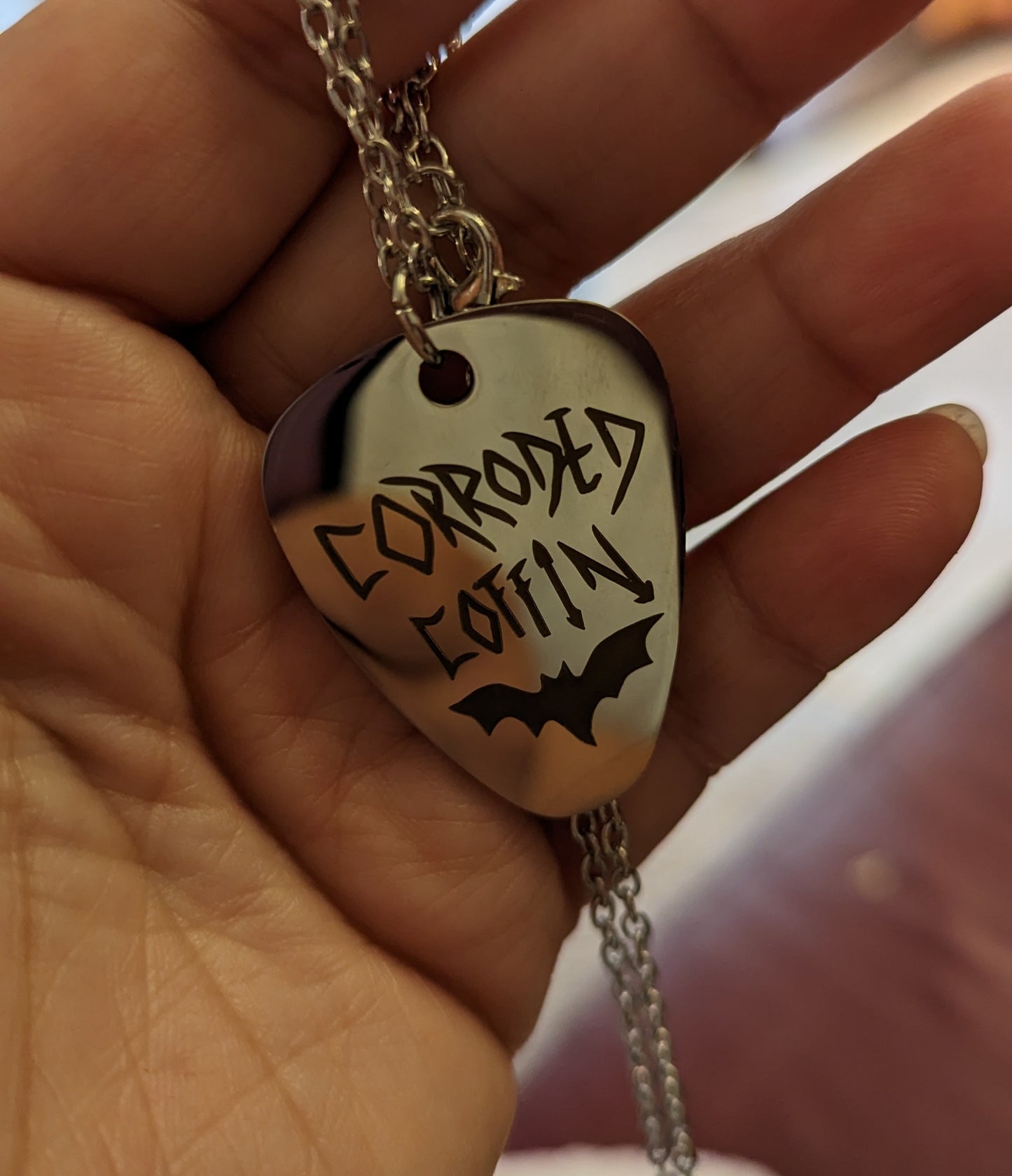 Corroded Coffin Pick Necklace (Metal pick and chain)