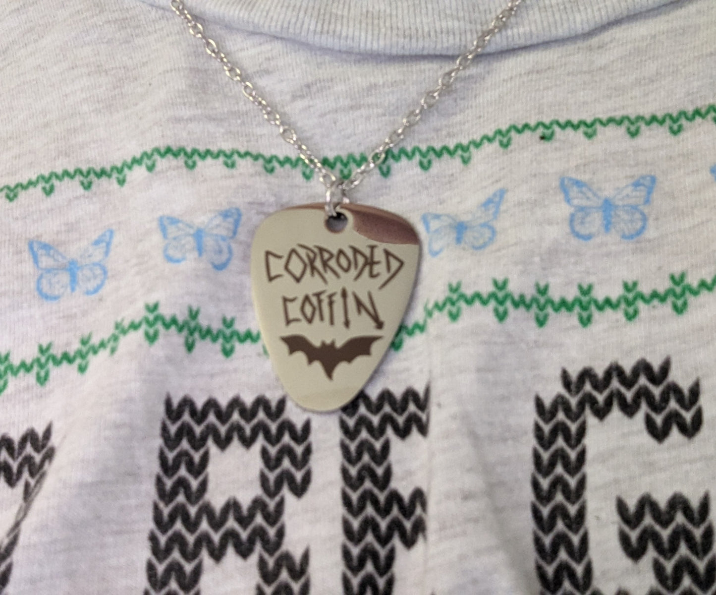 Corroded Coffin Pick Necklace (Metal pick and chain)