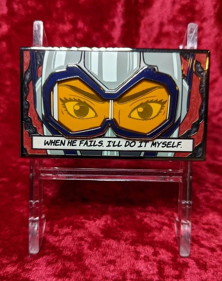 Rectangular pin on pin of Hope's eyes behind a stained glass visor with swirled background. Quote on pin reads "When he fails, I'll do it myself.: