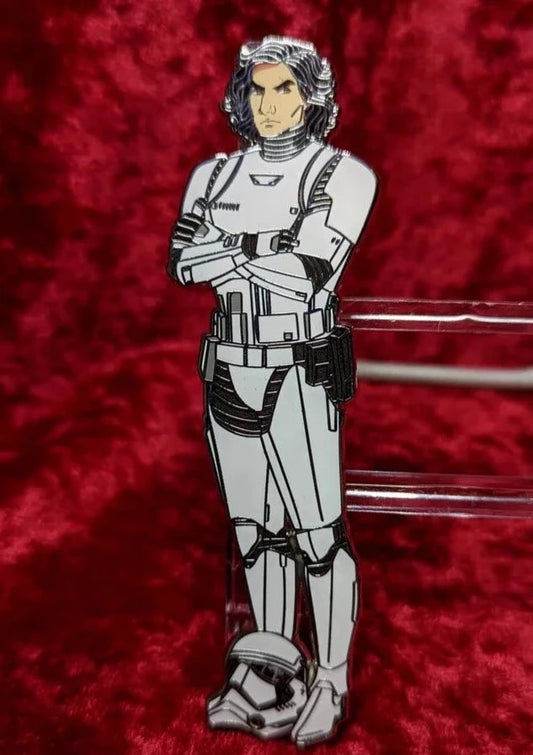 Ky is dressed in full trooper armor with his helmet at his feet. Pin is four inches tall.