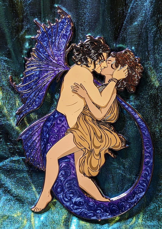 Mermaid Ky with a huge, tri color swirling tail is kissing his human love under the sea.
